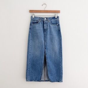 LOFT Blue Denim Midi Skirt 100% Cotton Classic Long Front Slit Midi Length